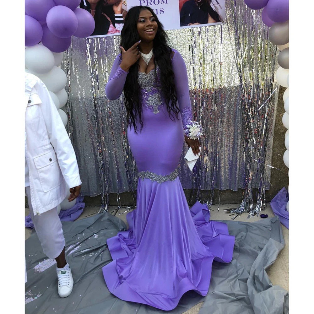 Фиолетовое черное платье для выпускного вечера девушек с длинным рукавом и