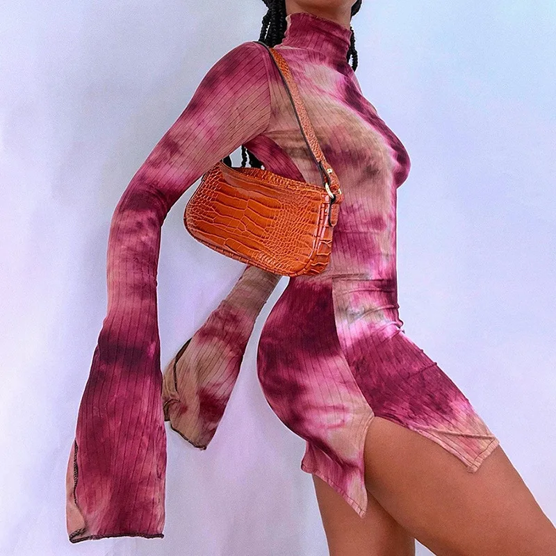 

Облегающее платье с цветным принтом, новинка 2021, Женская Клубная одежда в рубчик с разрезом сбоку и длинным рукавом, полуночная одежда, вече...