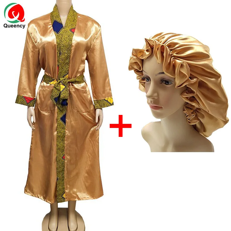 

HQ106 Free shipping-Bonnet Match Satin Sleepwear Set African Ladies Home Party SleepGown Wax Band Plus Silk HairCap High Quality
