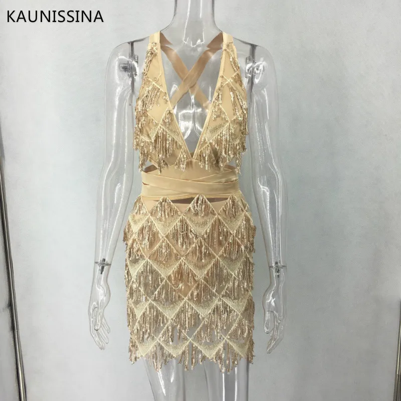 KAUNISSINA Блестками Bodycon Коктейльные мини платья Глубокий v образный вырез спинки