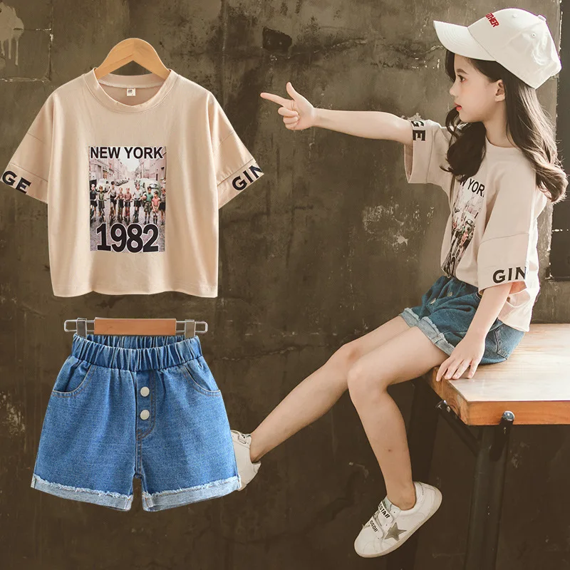 

Summer Kids Tee and Denim Trouser Children 2 Piece Sets Toddler Girl Clothes