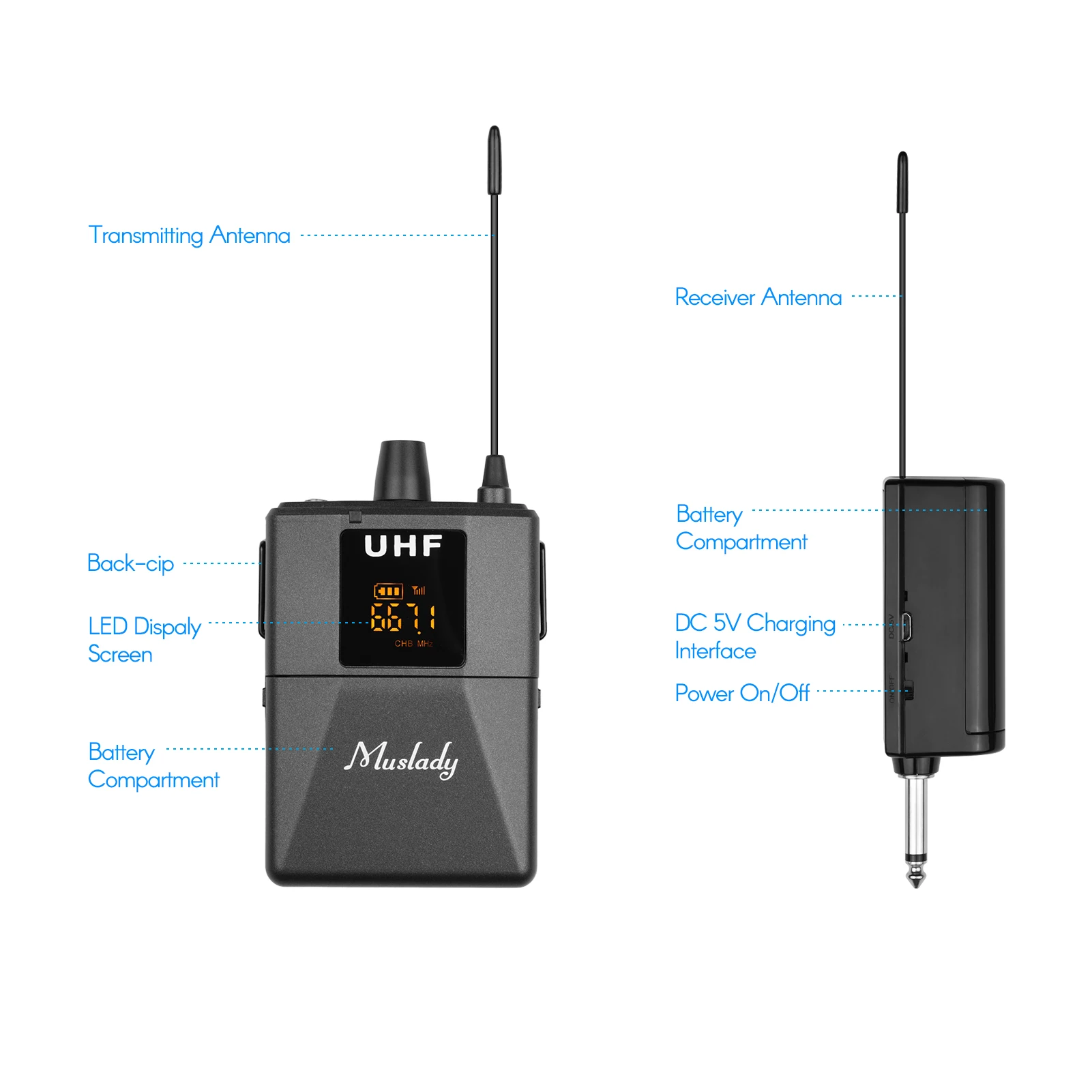 

Muslady UHF Wireless Microphone System with Lavalier Microphone Body-pack Transmitter and Receiver 6.35mm Plug & 3.5mm Adapter