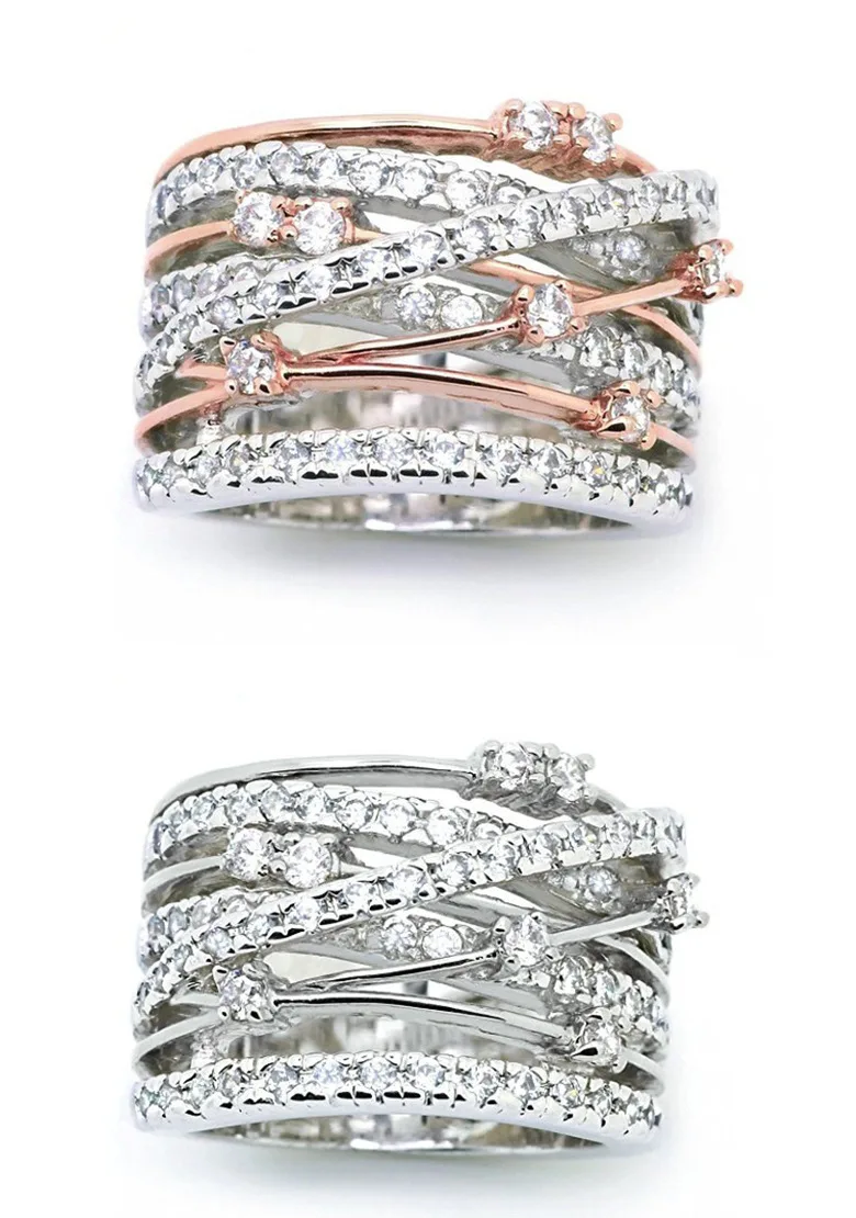 

New creative women cross multilayer shape ring inlaid with imitation diamonds