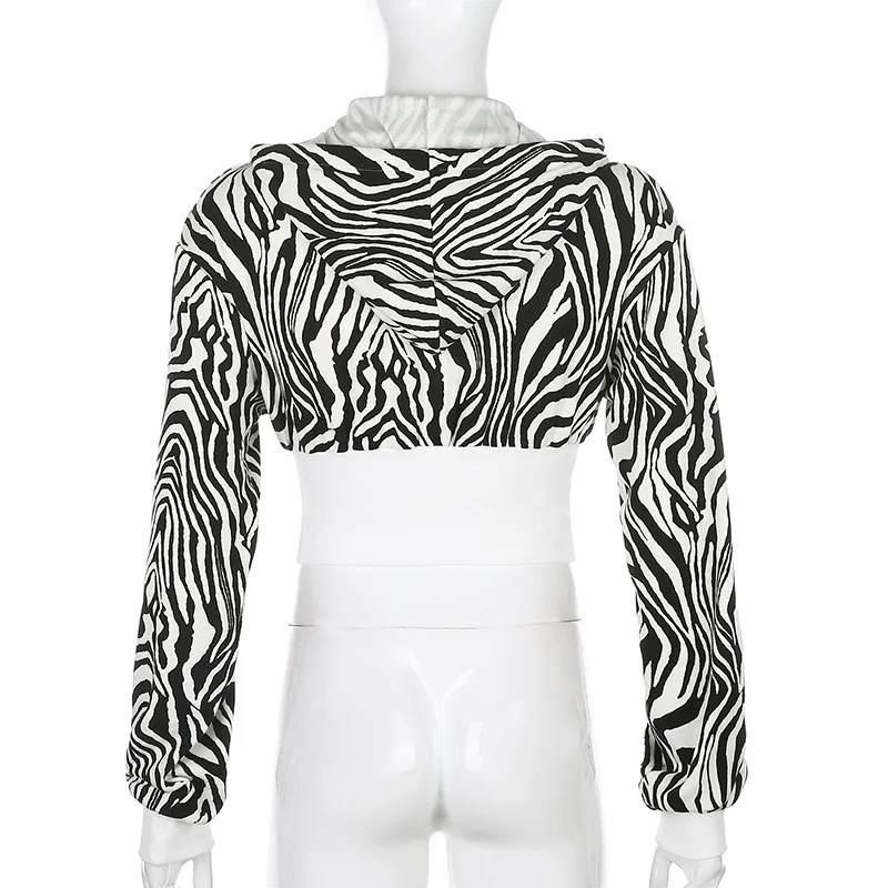 

YYXZ Autumn Fashion Slim Contrast Color Zebra-stripe Long Sleeve Hooded Woman Casual Short Sweatshirt Lady Hoodies Sweatshirts
