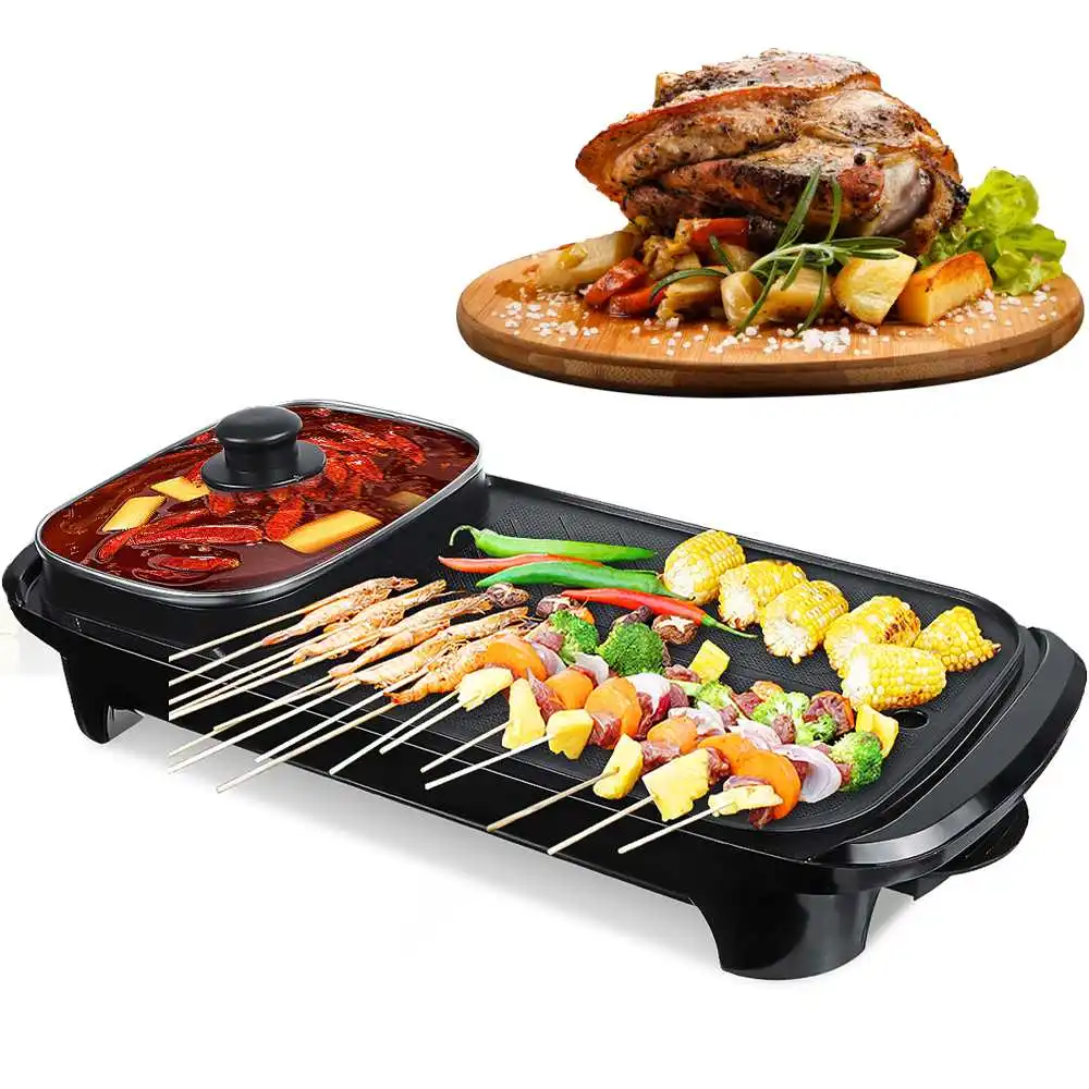 2in1 electric griddles hot pot oven non stick electric grill baking flat pan hotpot smokeless bbq barbecue machine multi cooker free global shipping