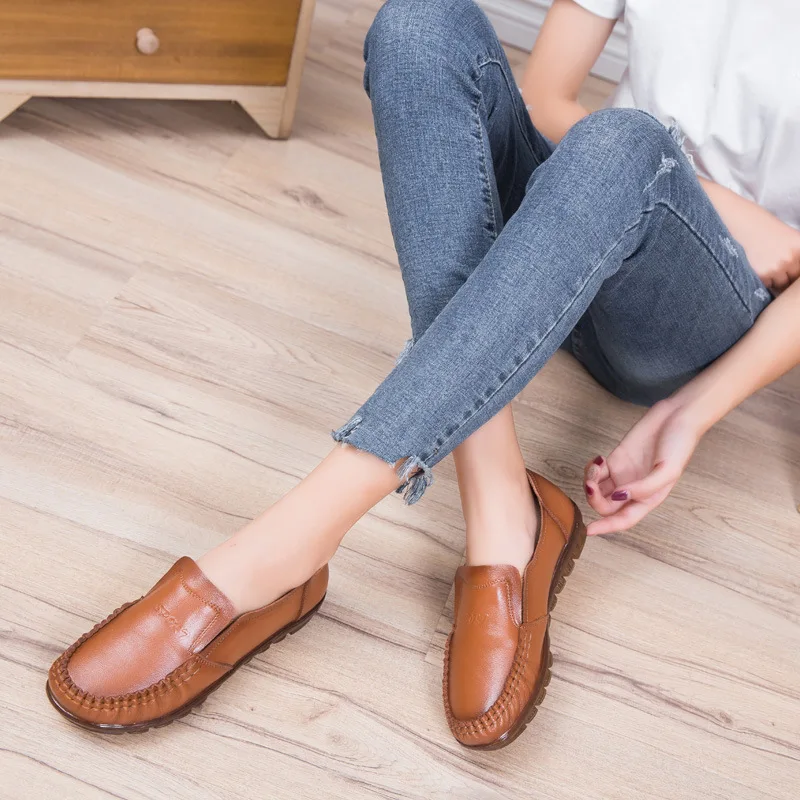 

BEYARNESpring Autumn Handmade Genuine Cow Leather Women Sliding Shoes for Women Pleated Soft Elegant Flat Female Leisure Shoes