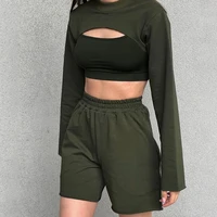 hollow out solid cropped blouses women long sleeve o neck loose minimalist sexy tee casual womans clothing 2021 tops