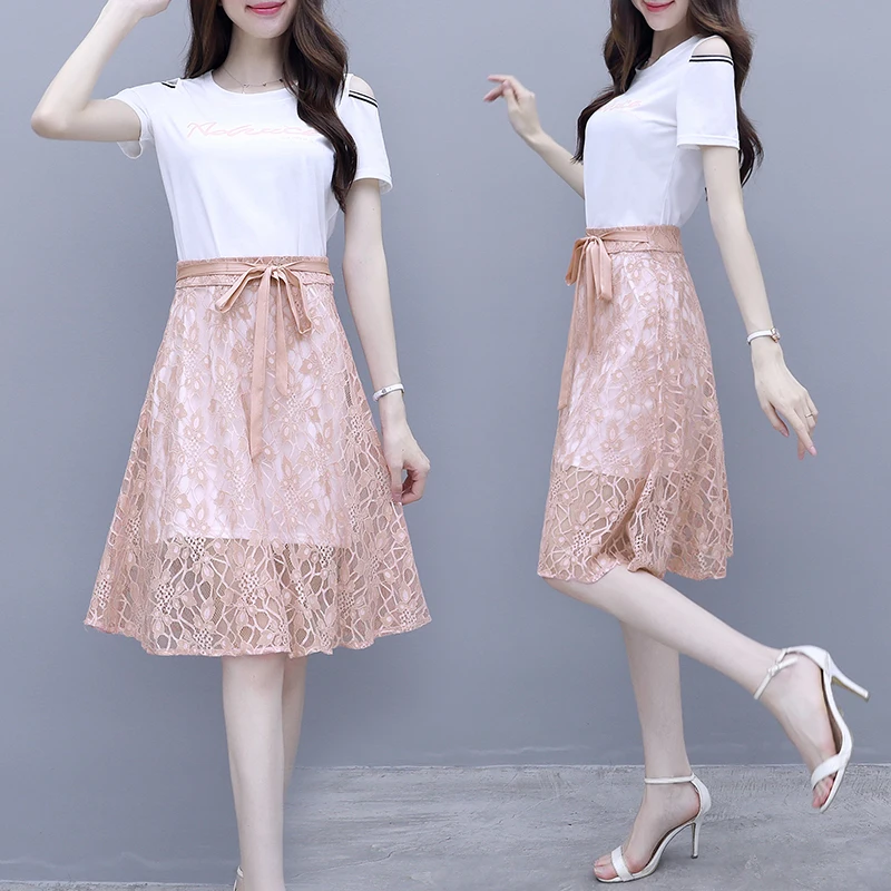 

New Summer 2021 French Fashion Women Two Pcs Leisure Suit Long Sweatshirt Top Lace Skirt Putfit Vestido