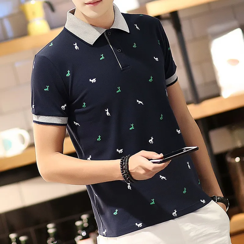 2019 городская мода цветочные поло мужская Корейская тонкая футболка с коротким