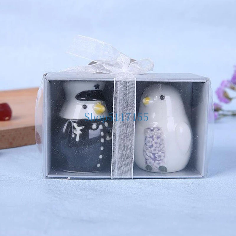 

200pcs(100boxes) Cut Penguin Lover Couple Ceramic Salt and Pepper Shaker Wedding Favors And Gifts for Guest Free Shipping
