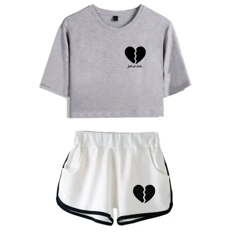 

Women Summer 2 Piece Outfit Short Sleeve Crop Top T-Shirt Dolphin Shorts Broken Heart Printed Internet Celebrity Fans Gift Track