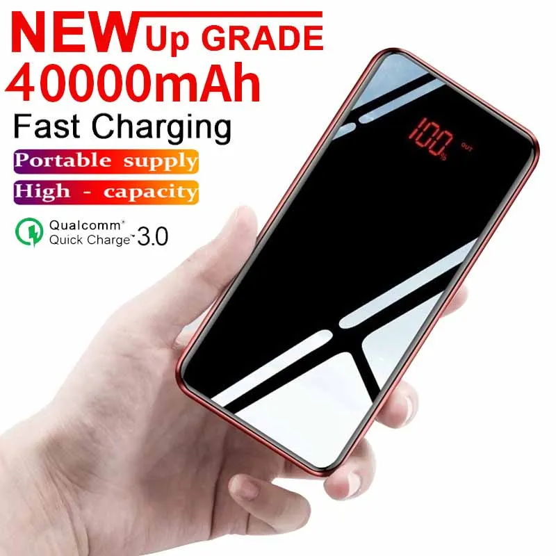 

40000mAh Power Bank USB Mirror Screen Digital Display Type-c Port Portable Charging External Battery Charger for iPhone Xiaomi