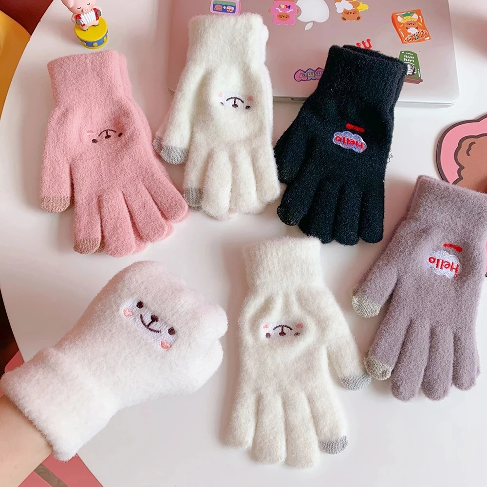 

1Pair Women Winter Warm Plush Gloves Cute Student Japanese Girl Smile Touch Screen Five Finger Kawaii Mittens Guantes Gloves