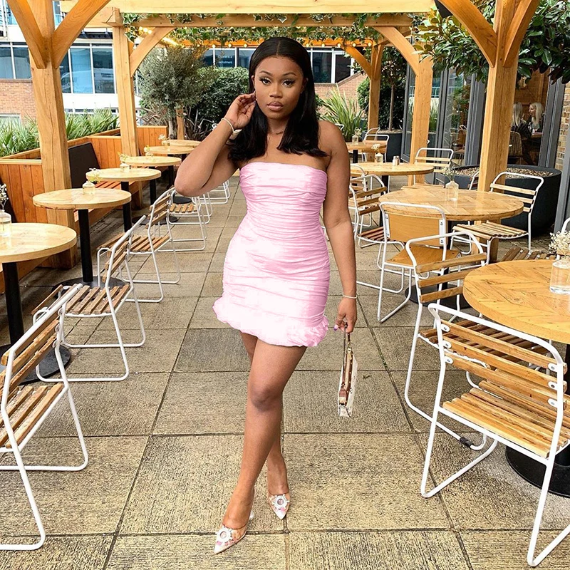 

Hotvestita 2021 Summer Women Sexy Backless Strapless White Pink Ruched Ruffles Bodycon Mini Dress Elegant Dresses Party Clubwear