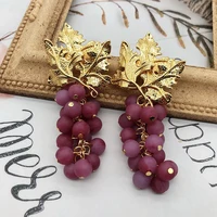 grape pendant purple stone earrings stud copper material leaves golden statement pendientes