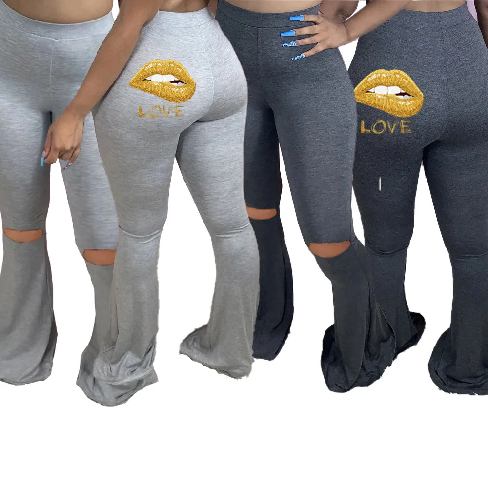 

AR5218 Europe and the United States 2021 sexy women's casual flared pants with personality hole lip printing