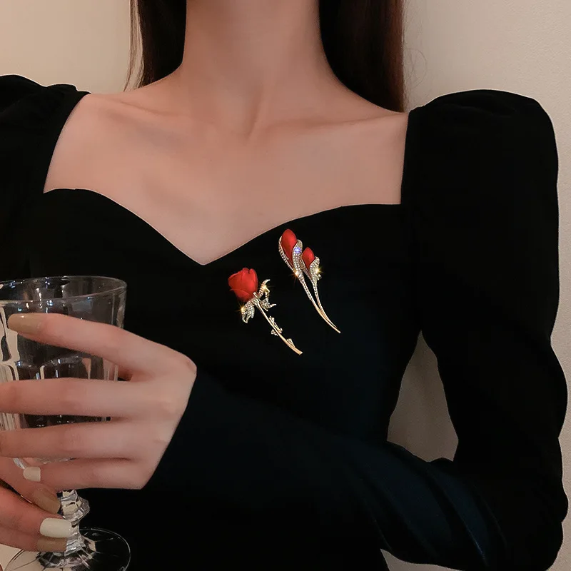 Элегантная красная бриллиантовая брошь в виде цветка со стразами для женщин