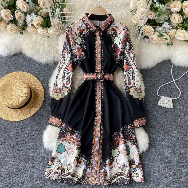 

Royal Style Prints Women Spring Autumn Retro Dress Long Sleeve Belted Waist Casual Dress