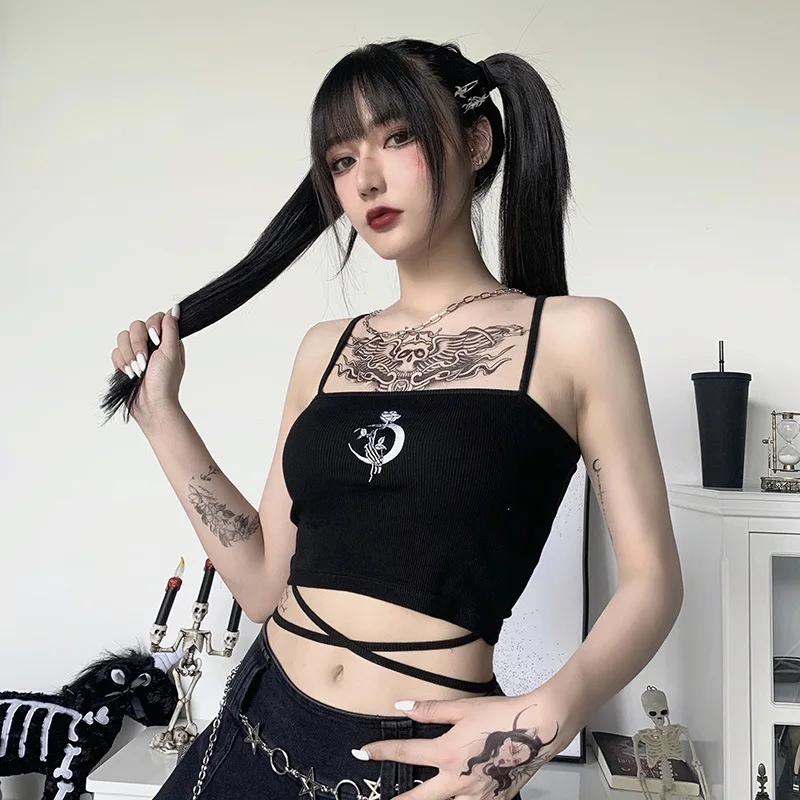 

Black Embroidery Fashion Crop Tops Summer Women Sexy Tight Fitness Tanks Vest Sleeveless Exposed Navel Camisoles Streetwear