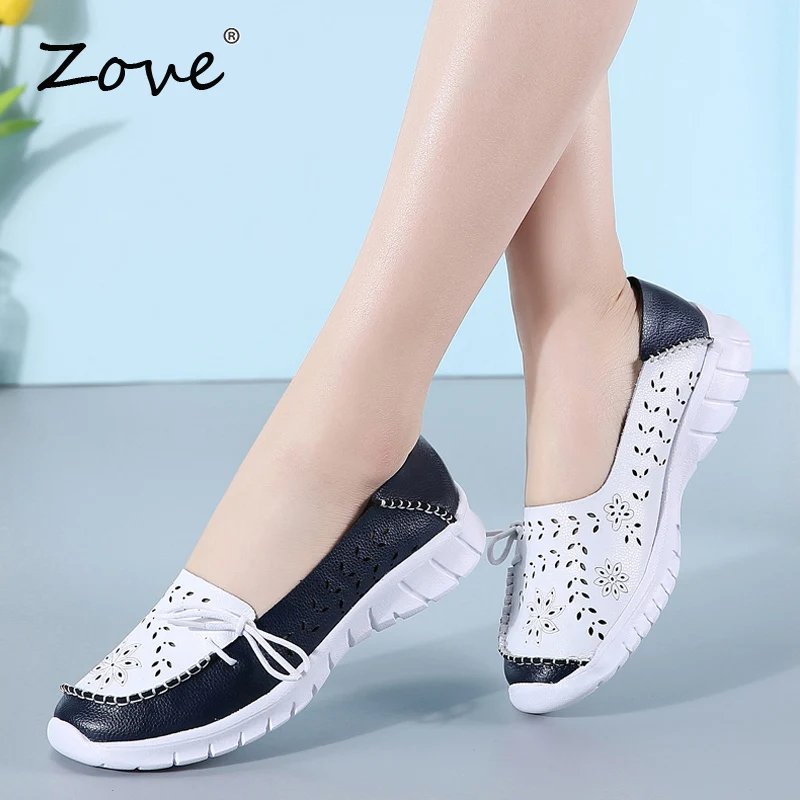 Женская обувь на плоской подошве ZOVE кожаные лоферы без шнуровки с вырезами