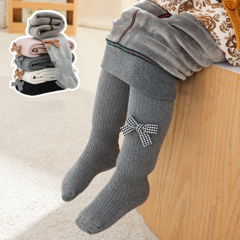 

Girls Leggings Plus Velvet Thickening Children's Pantyhose Baby Leggings Tights Lattice Bow Girls Bottoming Socks