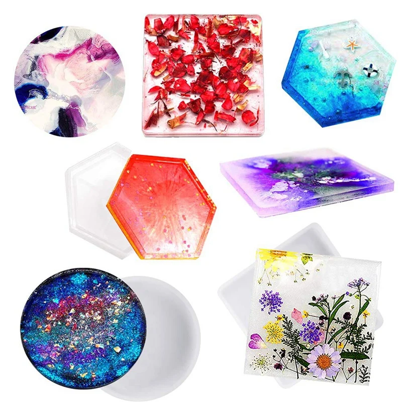 5pcs Coaster Molds Round Hexagon and Square with 2 Measurement Cup & 1pcs Agate Slice Silicone Mold 5-Cavit | Дом и сад