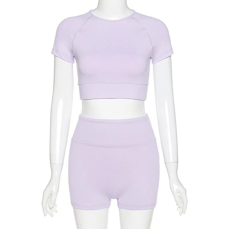 

Mandylandy Summer Solid Color Yoga Sports Suit Women's High Waist Shorts + O-Neck Short Sleeve Tops Casual Suit