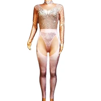 sparkly diamonds long sleeve crystals jumpsuit pink stretch leotard party show dancer singer performance costumes stage wear