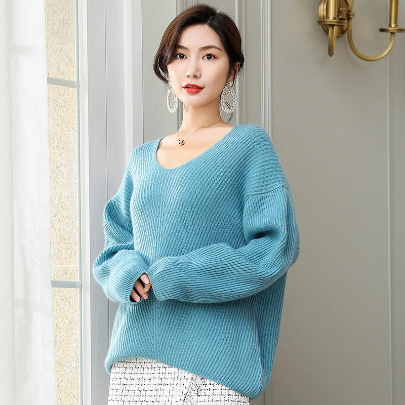 Женский свободный свитер с v-образным вырезом ALKMENE вязаный кашемировый большого