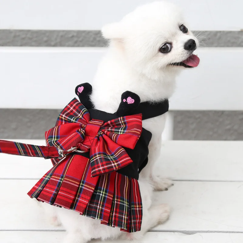 

Plaid Dog Clothes Dress Cute JK Vest Leash Set Pet Harness For Puppy Cat Harness Lead Chihuahua Yorkie Tzu Skirt Pet Clothing
