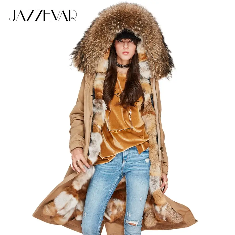 JAZZEVAR Новая зимняя женская модная роскошная настоящая опушка из лисьего меха X-long parka большое пальто с капюшоном из меха енота военная куртка