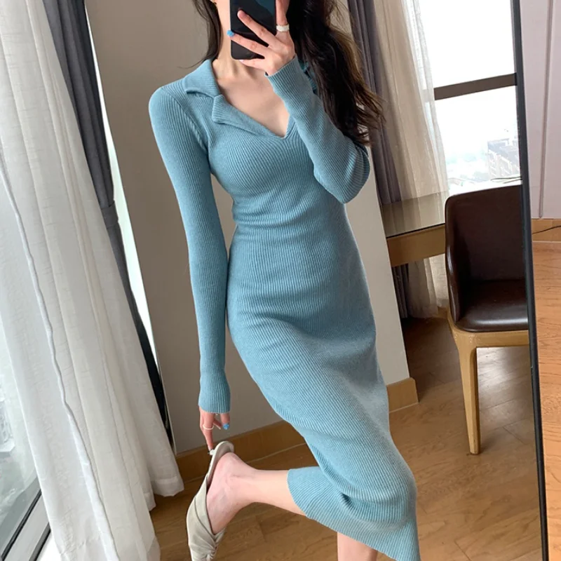 

Платье-Свитер женское трикотажное, осень 2021, винтажное, однотонное