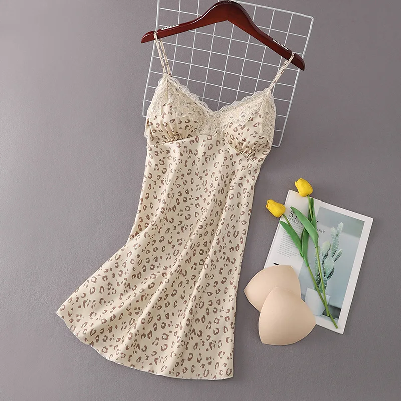 Женская сексуальная ночная рубашка с леопардовым принтом из шелкового атласа