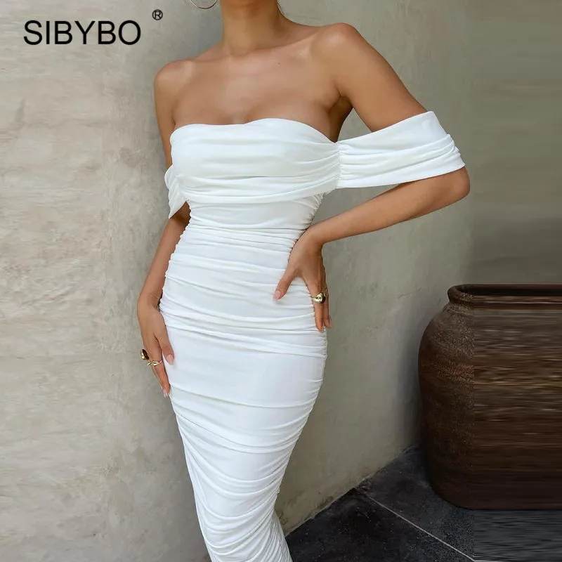 

Женское платье с открытыми плечами Sibybo, плиссированное, повседневное, без бретелек, с открытой спиной, для пляжа, на лето, 2021