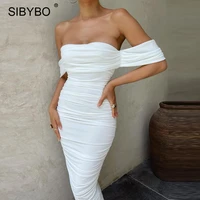 sibybo off shoulder pleated sexy dress women fashion strapless summer party dress backless beach ladies casual dresses 2021
