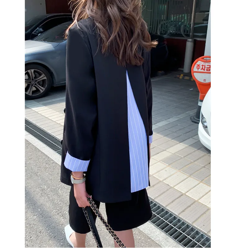 

Women Black Striped Split Size S-2XL Blazer New Lapel Long Sleeve Loose Fit Jacket Fashion Tide Spring Autumn 2021