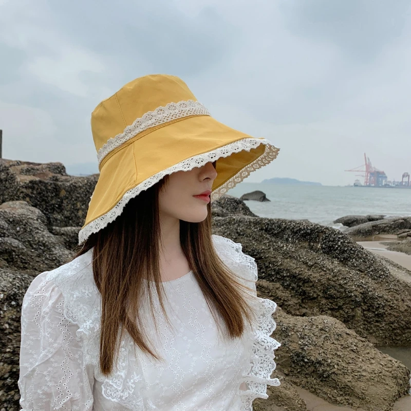 

Women Summer Outdoor Big Wide Brim Bucket Hat Lace Bowknot Sun Protection Beach Packable Cotton Panama Fisherman Cap