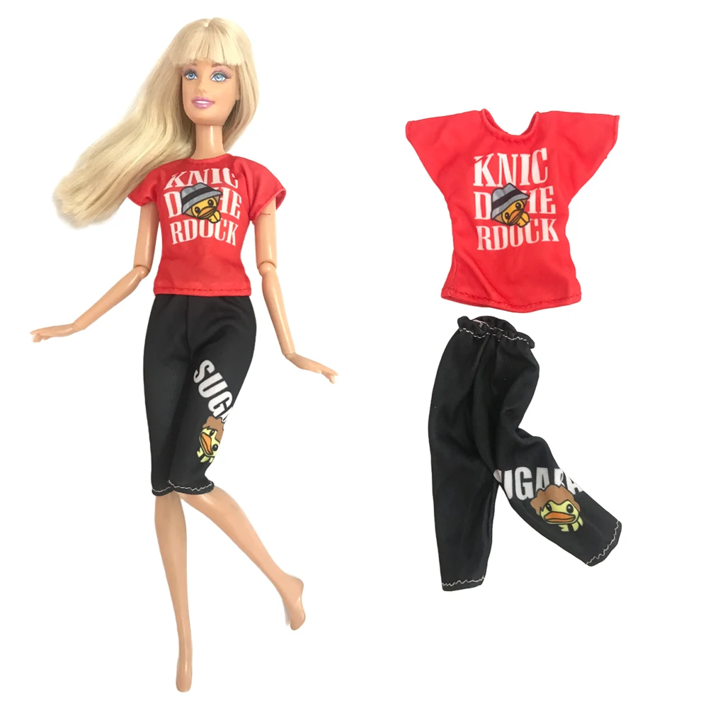 

NK 1 Pcs Fashion Doll Outfit Red Shirt Black Pants Cute Pattern Clothes For Barbie Doll 1/6 Dolls Accessories Kids Toys