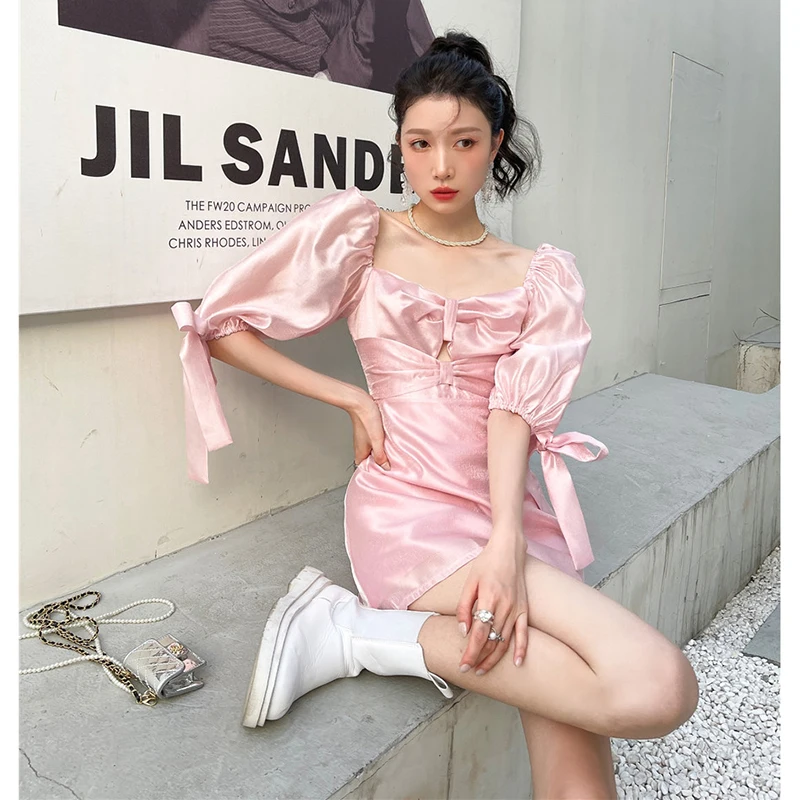 

Mini Female Skirt New Fashion Casual Loose High Quality Ladies Design Square Collar French Puff Sleeve Women Dress Summer L3