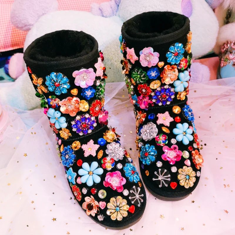 

Womens Rhinestones Crystal Rainbow Colors Ankle Boots Flats 3D Flowers Slip On Warm Winter Snow Shoes Luxury DIY Thick New 2021