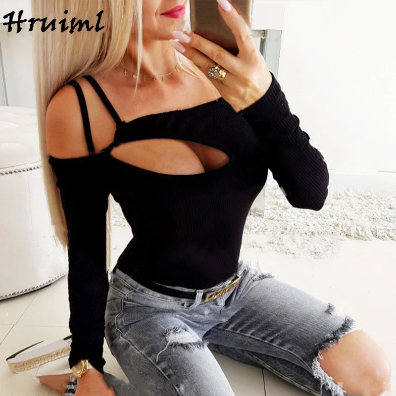 

Tshirts Fashion New Arrival Skinny Sexy Tops Hollow Out Off Shoulder Night Club Casual Long Sleeve Solid Roupas Femininas