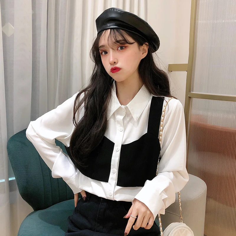 

French Gentle Top Early Autumn Long Sleeves Hong Kong Style Elegant Chic Fake Two-Piece Chiffon Shirt Women's Design Sense Niche