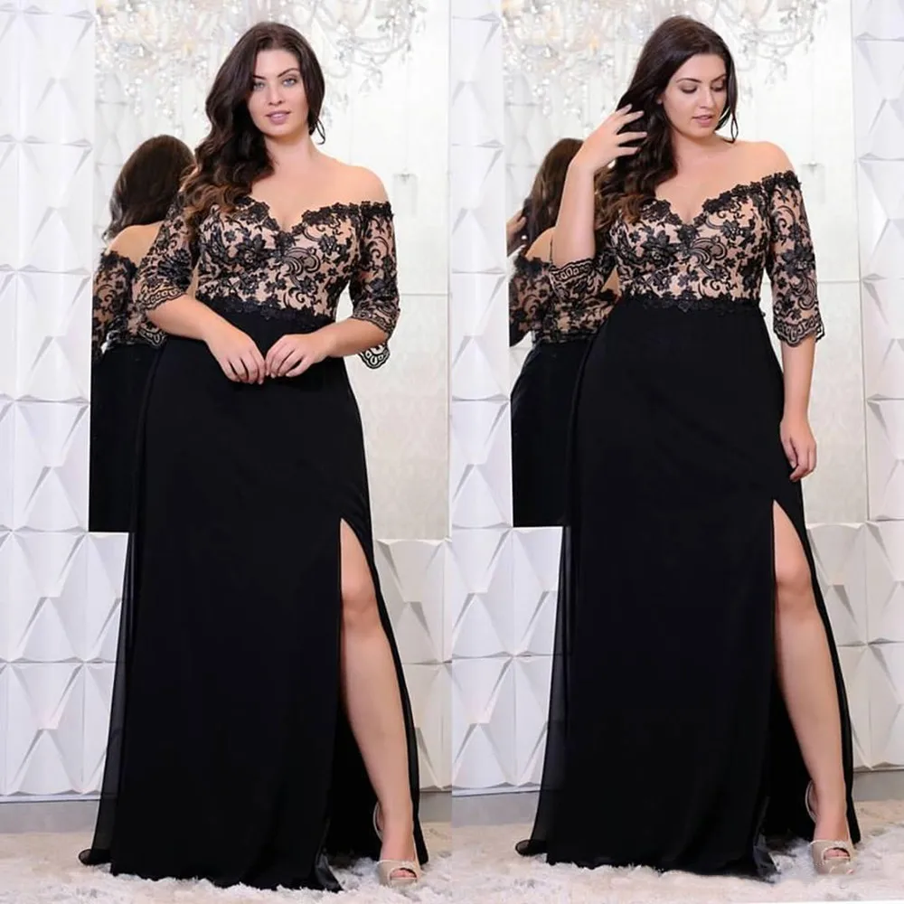 

Black Lace Plus Size Prom Dresses With Half Sleeves Off The Shoulder V-Neck Split Side Evening Gowns A-Line Chiffon Formal Dres