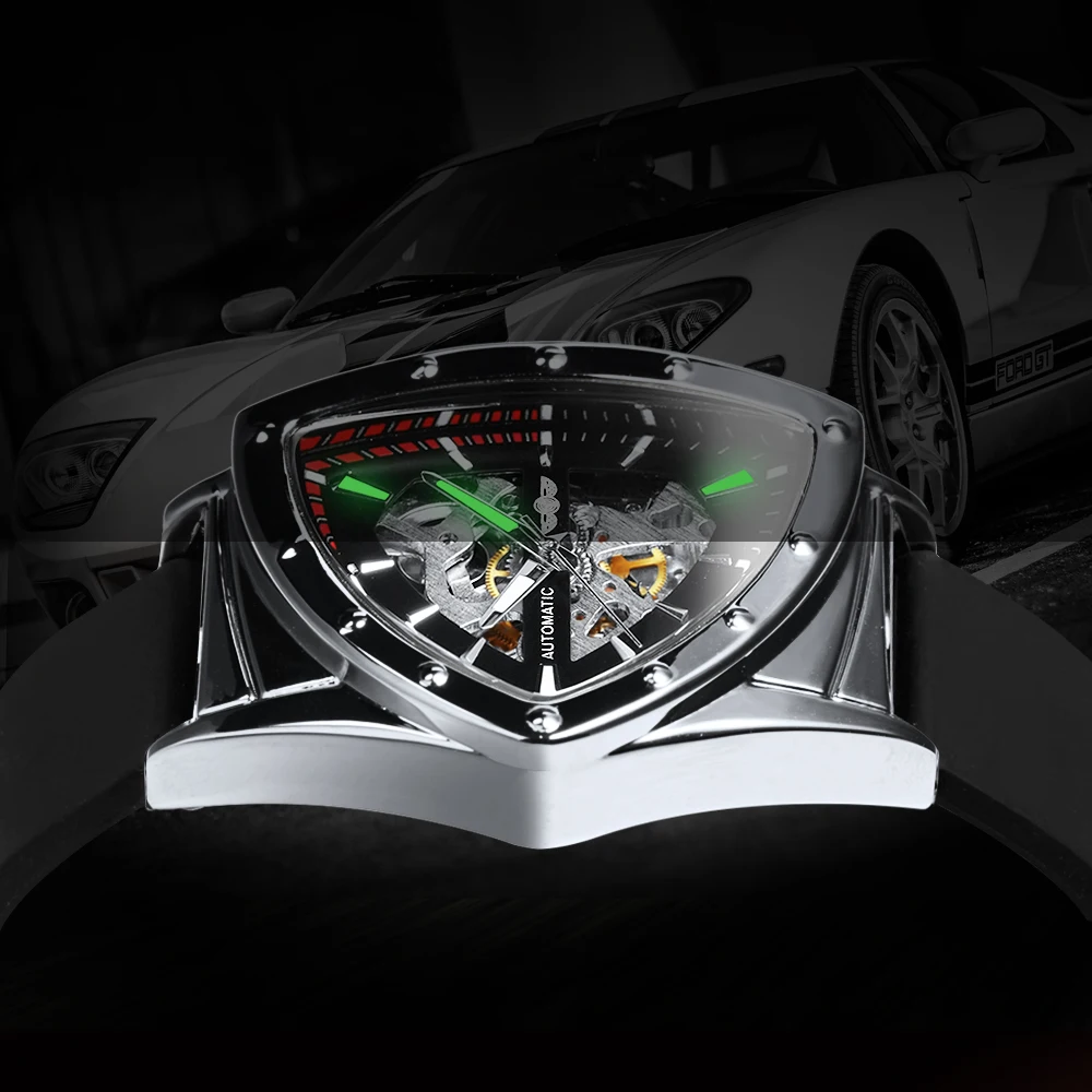 Часы-скелетоны WINNER мужские с треугольным циферблатом и резиновым ремешком -