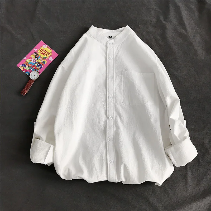 Simple Design Solid Colors Long Sleeve Shirts Korean Fashion Mandarin Collar 100% Cotton White Black Shirt Soft and Comfort