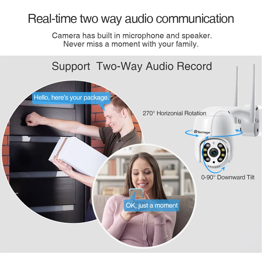 Купольная PTZ камера Techage беспроводная IP с датчиком движения 1080P Wi Fi двухстороннее