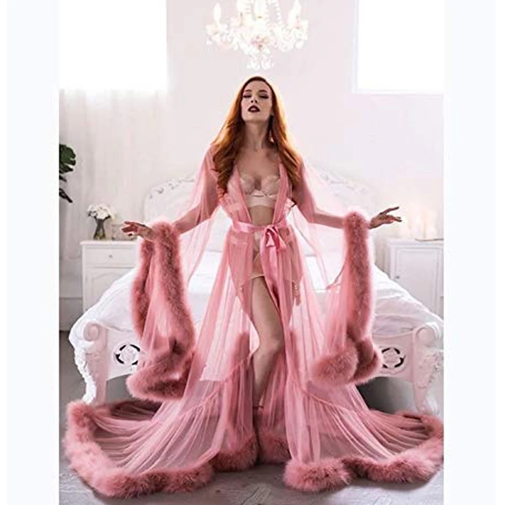 

Women's Feather Edge Tulle Illusion Long Bridal Robe Wedding Scarf New Custom Made Bath Gown