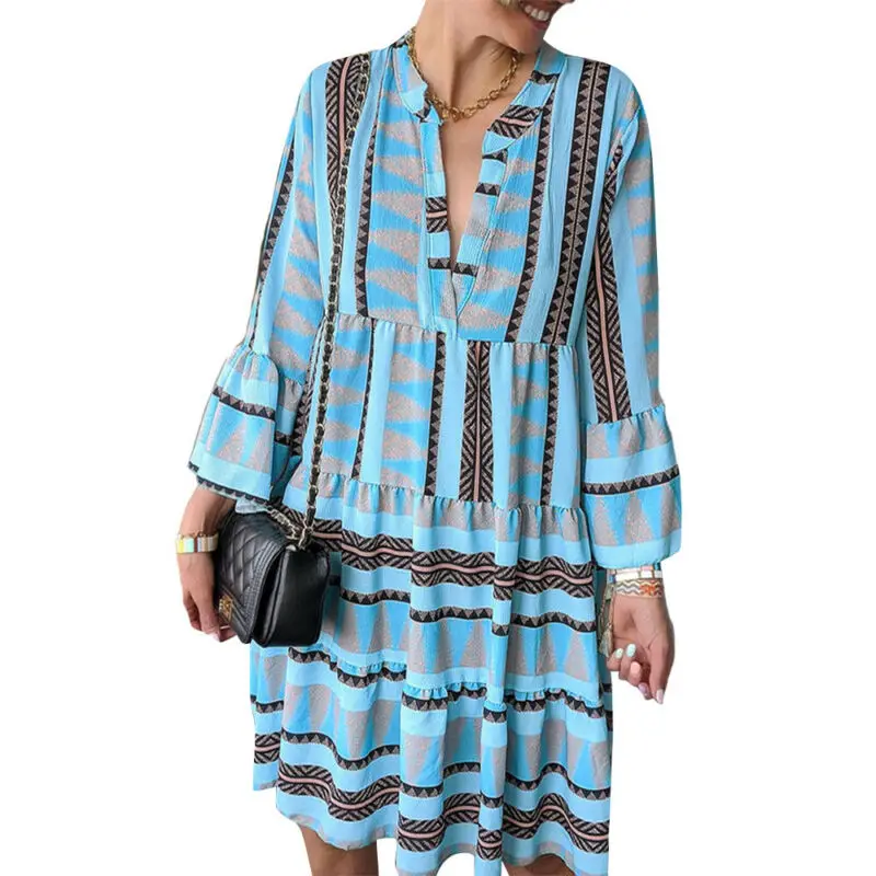 

Womens Long Sleeve Geometric Printed Shirt Dress Ladies Holiday Summer Dresses