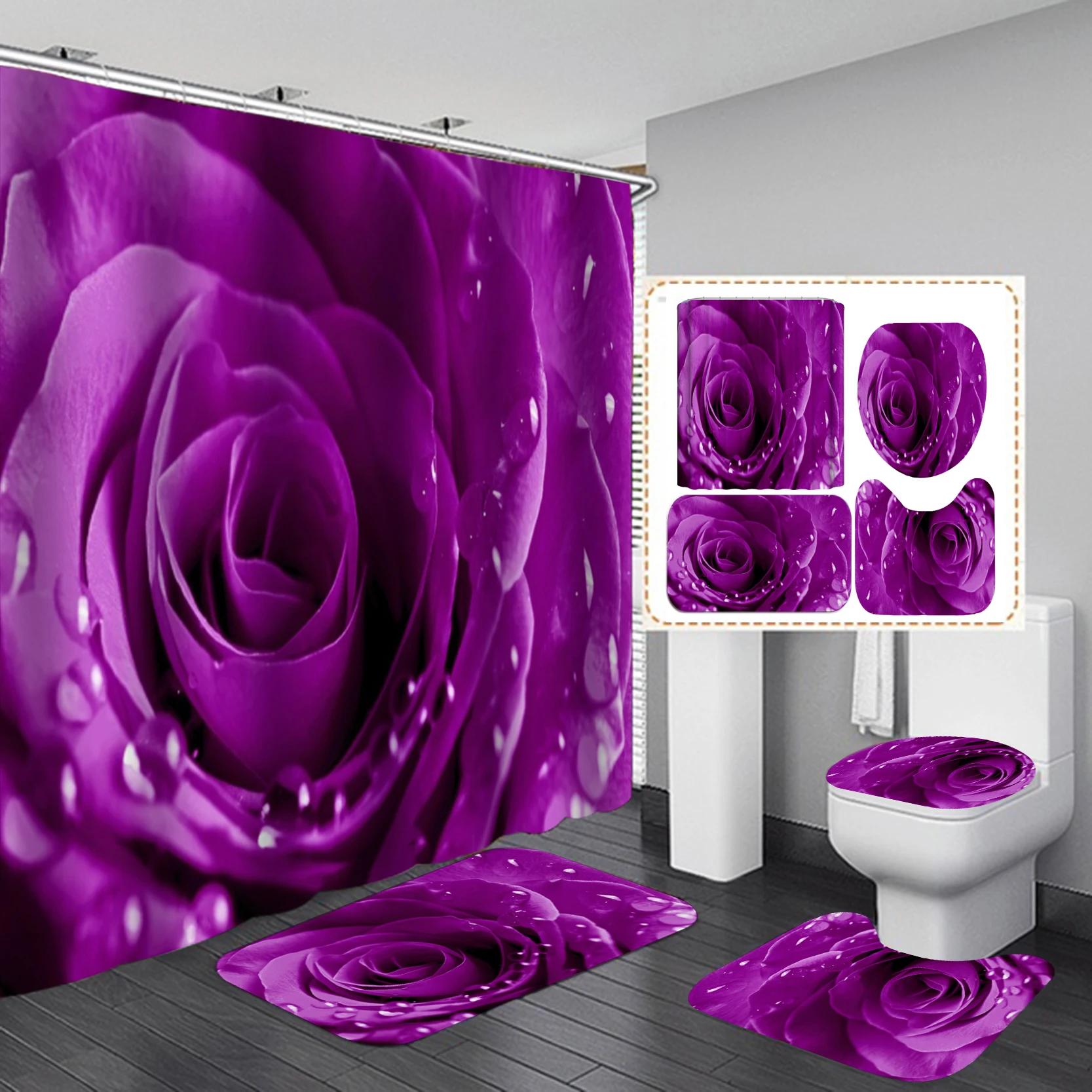 Красная роза Ванная комната наборы штор Красивые Красочные Цветы Тканевая