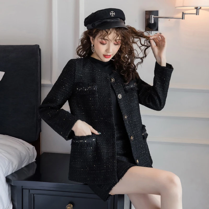Black Tweed Blazer Skirt Two Piece Sets Autumn Winter New Ladies Tweed Jacket+ Skirt Coat Women Suits Clothes Wholesale